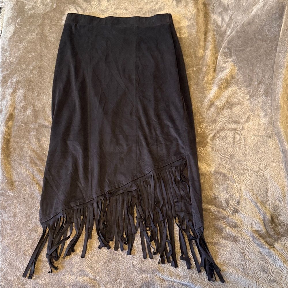 Black Fringe Hem Midi Skirt - Women